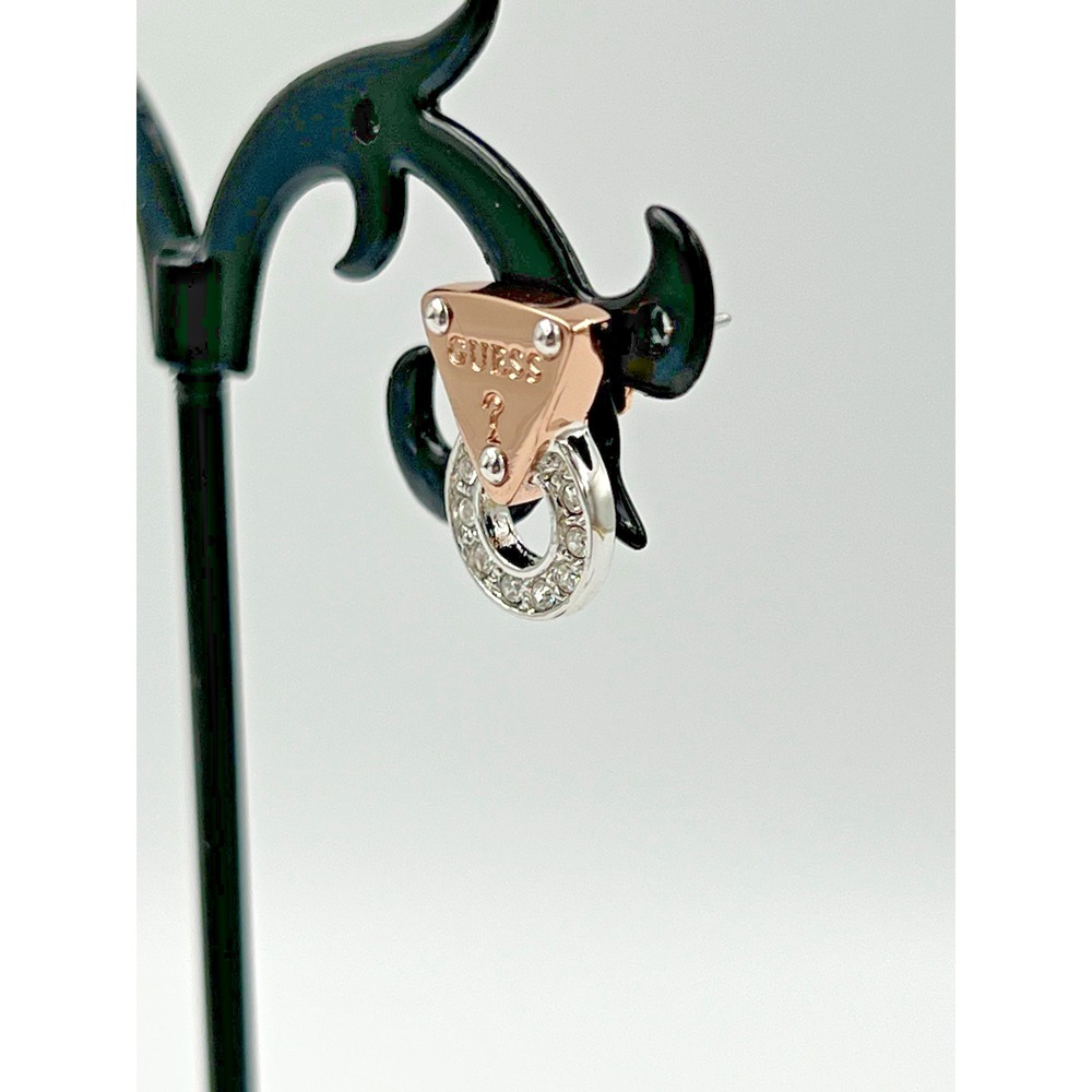Guess Logo Earrings Rose Gold/Silver Tone w/CZ Stud earrings and Dust Bag - Picture 8 of 10